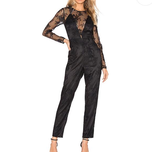 Lovers + Friends Nora Jumpsuit Women XS Black Lace Illusion...